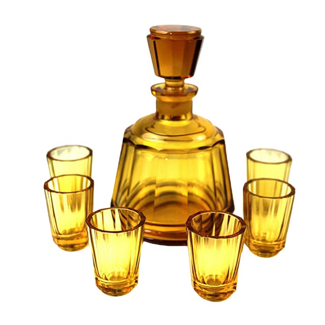 Mid-Century Amber Glass Liqueur Set from Moser Karlsbad, Set of 7 For Sale