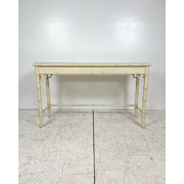 Hollywood Regency Vintage Faux Bamboo Chinese Chippendale Console Table For Sale - Image 3 of 9