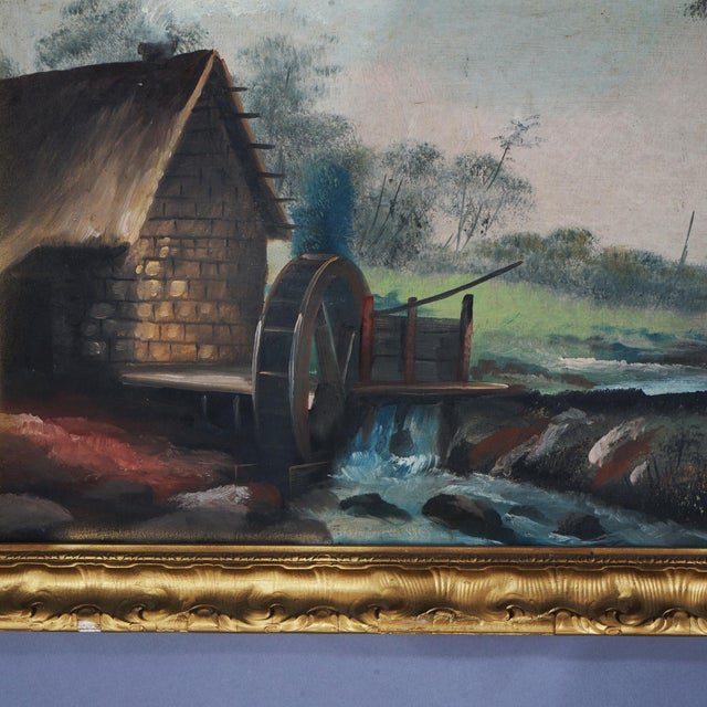Antique Oil on Board Painting, Landscape with Mill & Water Wheel, Framed, C1900 For Sale - Image 6 of 12