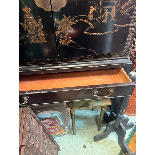 Black Henredon Black Lacquer Chinoiserie Chest on Stand Television Tv Cabinet Bar For Sale - Image 8 of 16