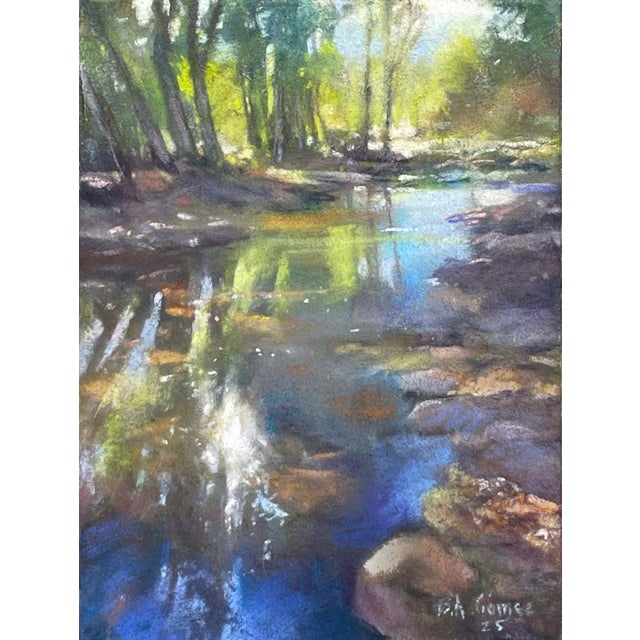 Oak Creek, Sedona by Bruce A Gómez | Pastel Painting of a serene creek with trees and reflections For Sale