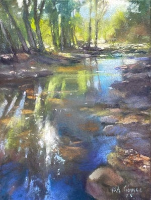 Oak Creek, Sedona by Bruce A Gómez | Pastel Painting of a serene creek with trees and reflections