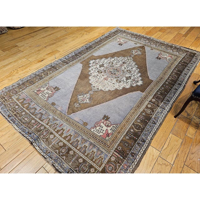 Vintage Turkish Oushak Rug, Hand-Knotted, Geometric Design, Pale Blue, 7' x 10' For Sale - Image 4 of 16
