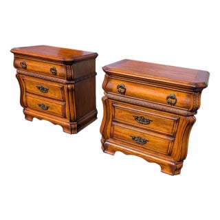 Late 20th Century French Provincial Wood Nightstand Set of 2 Carved Two Drawer Brown For Sale
