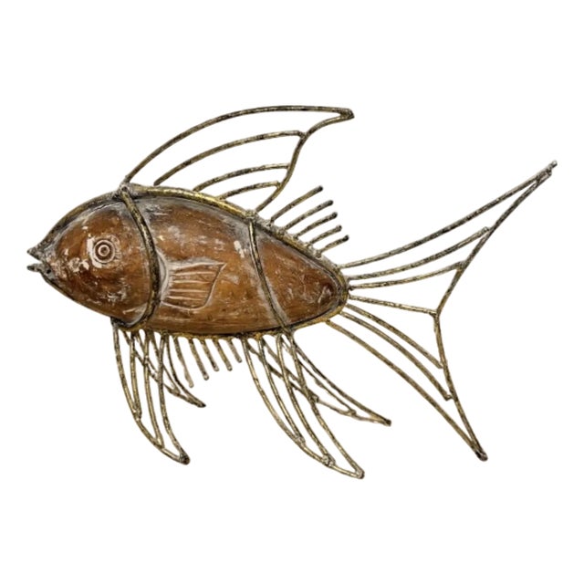 1970s French Wood Fish and Gilded Metal Sculpture For Sale
