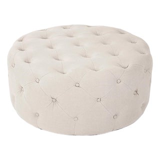 Round Tufted Ottoman - Natural Linen For Sale