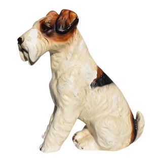 Antique Ceramic Seated Schnauzer Terrier Dog in Brown and White For Sale