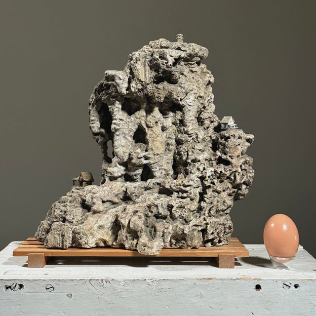 Rare Antique Japanese Suiseki Rock Sculpture With Miniature Houses For Sale - Image 4 of 9