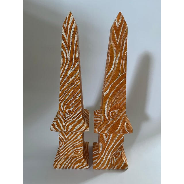 Hollywood Regency Hand Painted Chinese Faux Bois Style Obelisks a Pair For Sale - Image 3 of 12