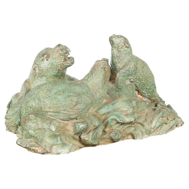 Contemporary Lost Wax Cast Bronze Sea Lion Sculpted Group with Verde Patina For Sale - Image 12 of 12