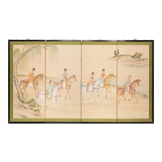 1970s Chinoiserie Four-Panel Painted Screen With Beautiful Horse Riders For Sale