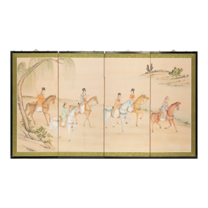 1970s Chinoiserie Four-Panel Painted Screen With Beautiful Horse Riders
