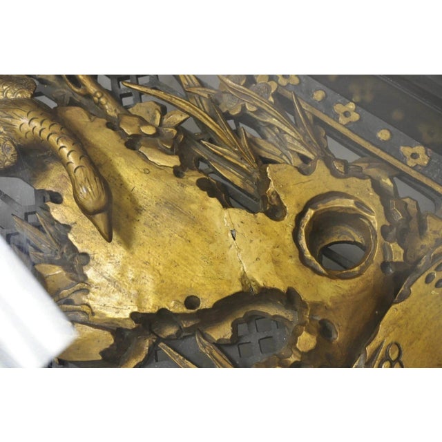 Black Vintage Chinese Relief Carved Ho Ho Bird Glass Top Display Oriental Coffee Table For Sale - Image 8 of 13
