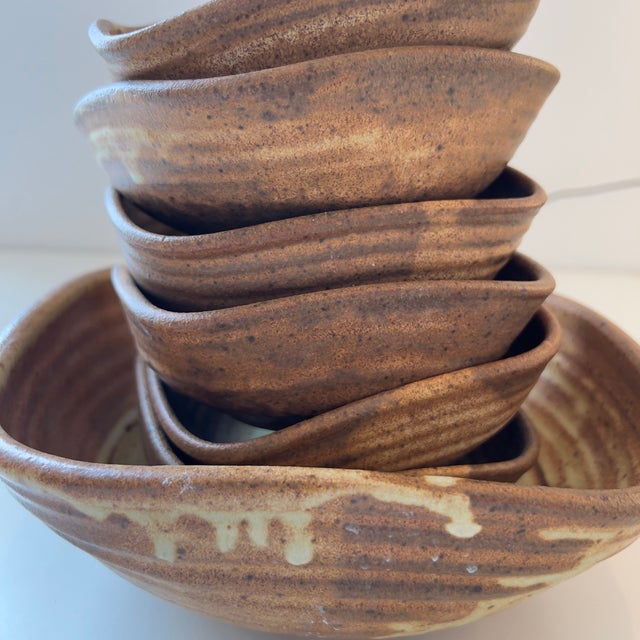 Contemporary Vintage Handcrafted Studio Pottery Serving Bowls in Warm Brown Glaze, Signed Skul, Set of 7 For Sale - Image 3 of 15