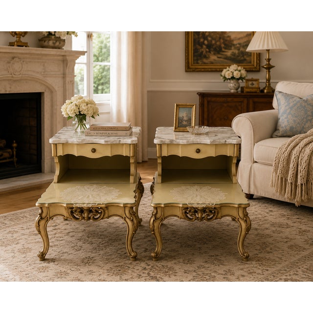1960s Vintage French Provincial Marble End Tables, Pair For Sale - Image 4 of 5