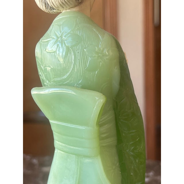 Gemstone 1980s Geisha Figurine Holding Flowers in Faux Jade For Sale - Image 7 of 12