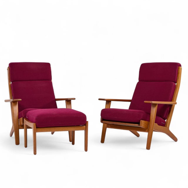 Mid-Century Modern Hans Wegner for Getama Ge-290 Mid Century Danish Teak High Back Lounge Chairs - Pair With Ottoman For Sale - Image 3 of 13