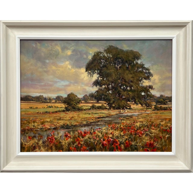 Wood Vintage Impressionist English River Landscape Painting with Flowers & Figures 1985 For Sale - Image 7 of 16