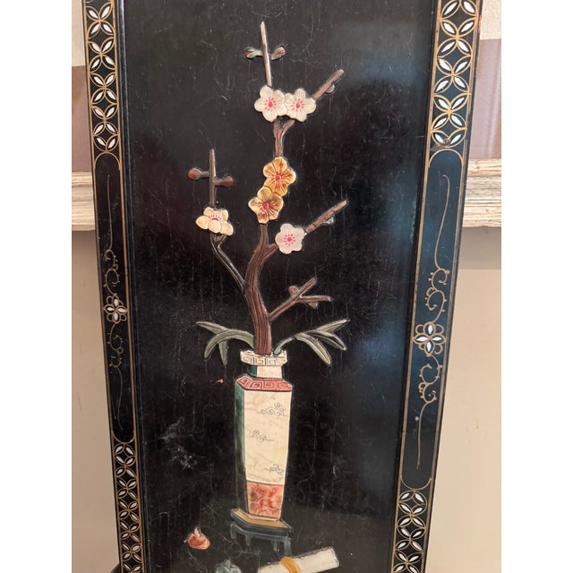 Jade Vintage Chinese Black Lacquer Wall Panels – Set of 3 (24" X 10")Featuring Hand-Carved Jade & Soapstone Inlay For Sale - Image 8 of 11