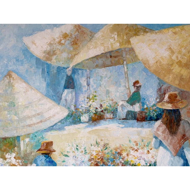 Cream 1970’s John Adamos Manol Impressionist Florist Market Oil on Canvas Painting – Framed For Sale - Image 8 of 12