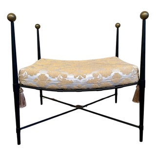 New Black Wrought Iron Curule Bench with Damask Gold & White Fabric For Sale