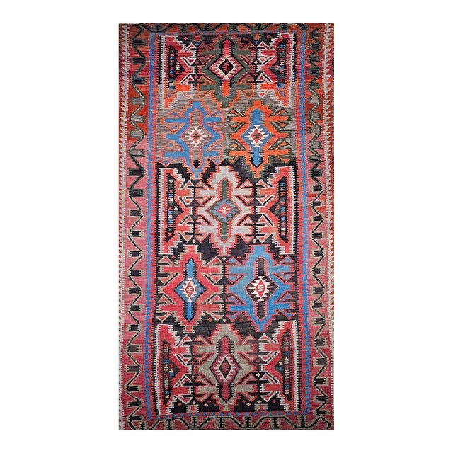 Antique Caucasian Kazak Kilim, Handwoven Wool, Geometric Design, Terracotta & Turquoise, 6' x 11' For Sale