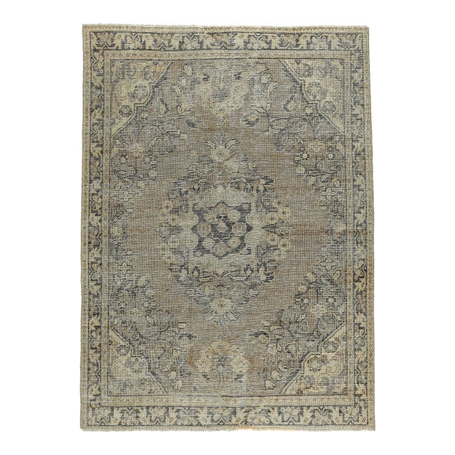 Vintage Tribal Medallion Rug in Muted Blues and Beiges – Handwoven Elegance With Architectural Symmetry - 4' 6'' X 6' 4'' For Sale