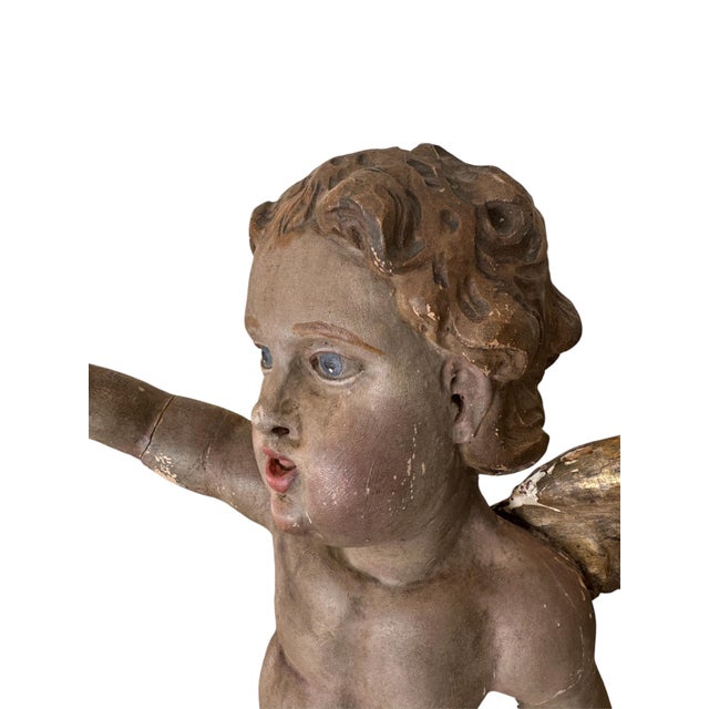 18th Century Large Bavarian Baroque Polychrome and Parcel-Gilt Carved Wood Putto.. For Sale In West Palm - Image 6 of 12