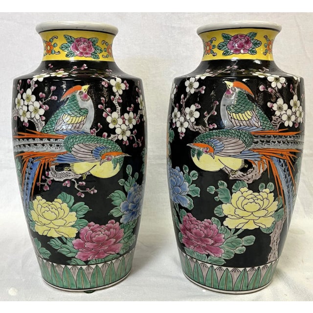 Mid Century Chinoiserie Birds With Peonies Hand Painted Porcelain Vases- a Pair For Sale - Image 10 of 12