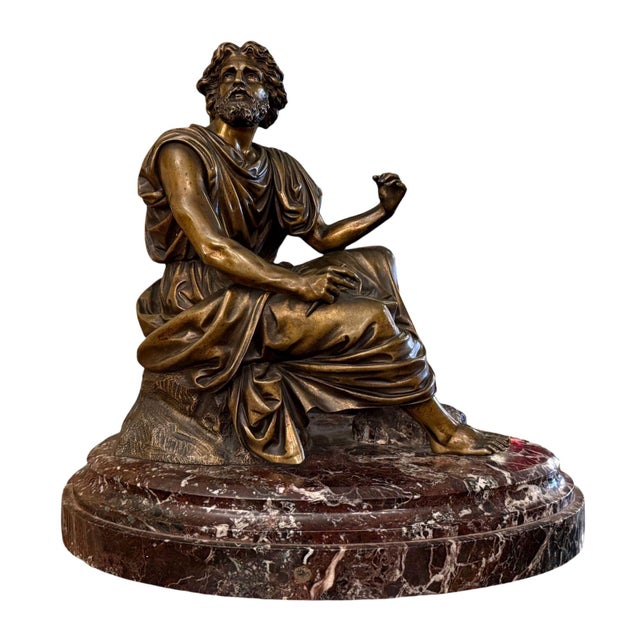 A finely modeled 19th-century French bronze sculpture depicting Zeno of Elea, the ancient Greek Pre-Socratic philosopher...