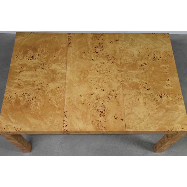 Refinished Milo Baughman Square to Rectangle 40” - 79” Parsons Burl Dining Table For Sale - Image 11 of 11