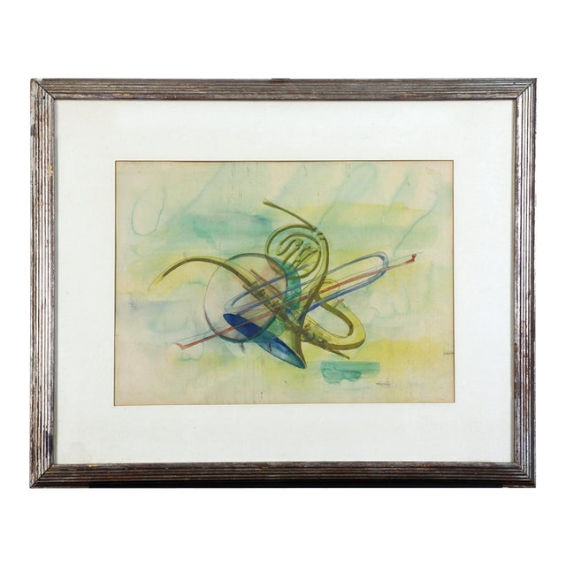 Original Mid-Century Abstract Watercolor Painting, Attrib. Elsie Driggs – Musical Instruments For Sale