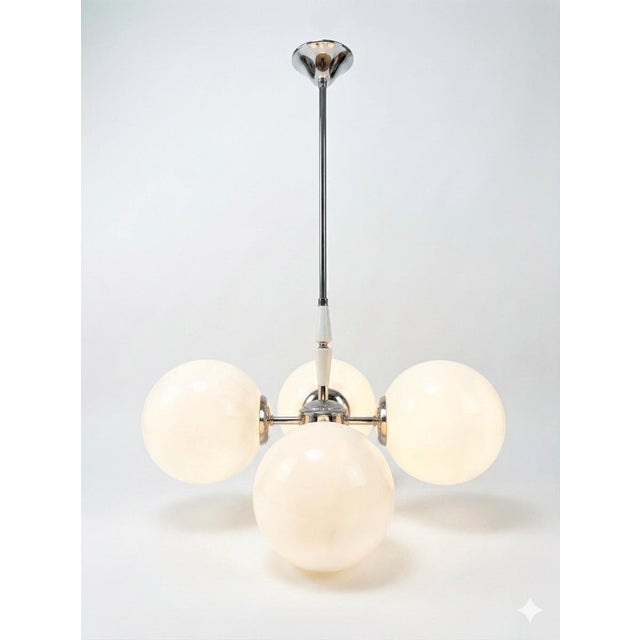 Art Deco Nickel-Plated Chandelier with Opal Glass Shades, 1930s For Sale - Image 4 of 4
