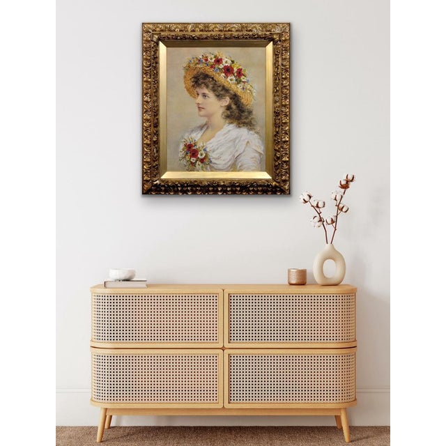 Alice Anne Renshaw, Young Lady with Summer Meadow Flowers in Her Straw Hat, Watercolour & Gouache Painting, 1800s, Framed For Sale - Image 14 of 18