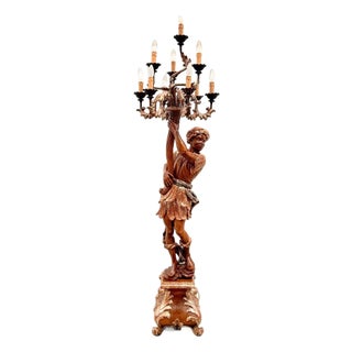 Carved and Gilded Wooden Torch-Style Floor Lamp, 1970 For Sale