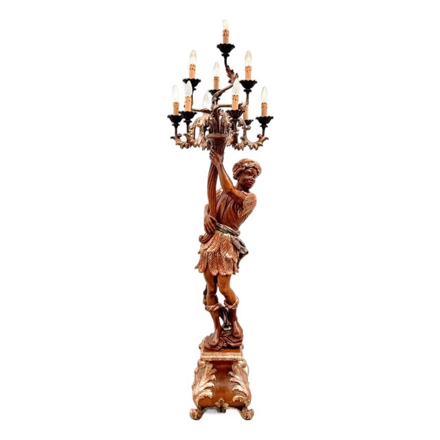 Carved and Gilded Wooden Torch-Style Floor Lamp, 1970 For Sale