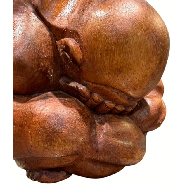 Asian Vintage Hand Carved Wood Hotei Budai Laughing Buddha Seated Sculpture 7.5" For Sale - Image 3 of 10