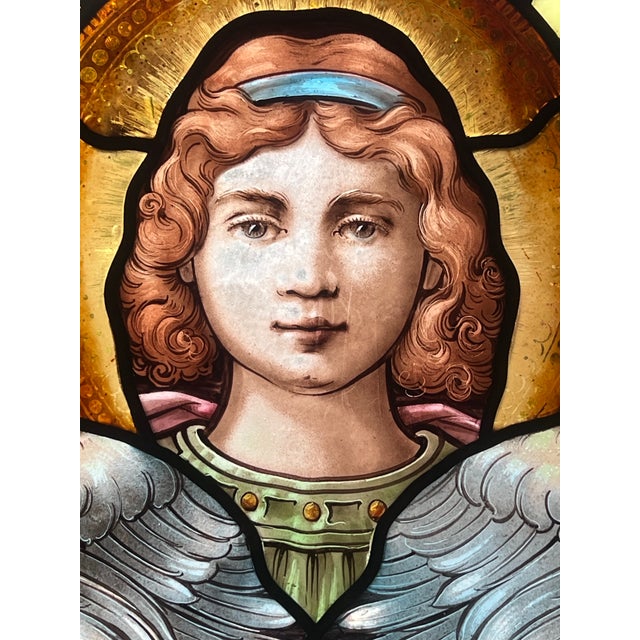 Late 19th Century 19th Century Stained Glass Window With Painted Angel Portrait in Original Frame For Sale - Image 5 of 17