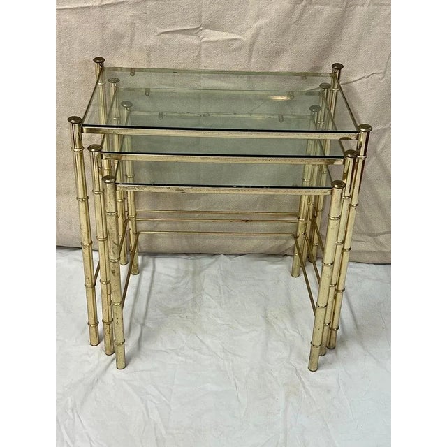 Set of Brass Faux Bamboo Nesting Tables With Glass For Sale In New York - Image 6 of 13