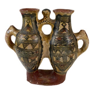 Vintage Double-Chamber Geometric Ceramic Vessel, Marked and Dated 11-8-54 For Sale