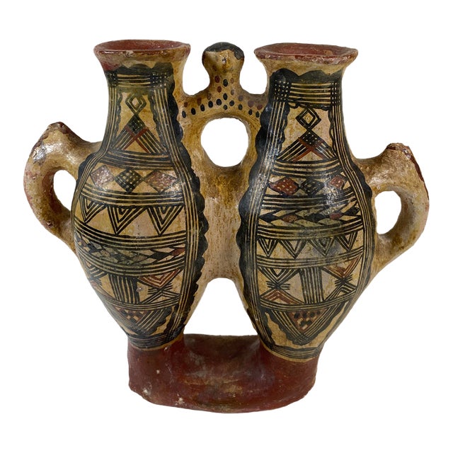 Vintage Double-Chamber Geometric Ceramic Vessel, Marked and Dated 11-8-54 For Sale