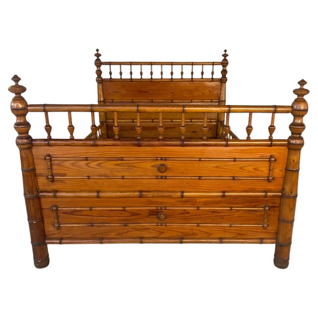 Antique French Stained Pine and Faux Bamboo Bed. The substantial headboard and footboard are constructed with horizontal...