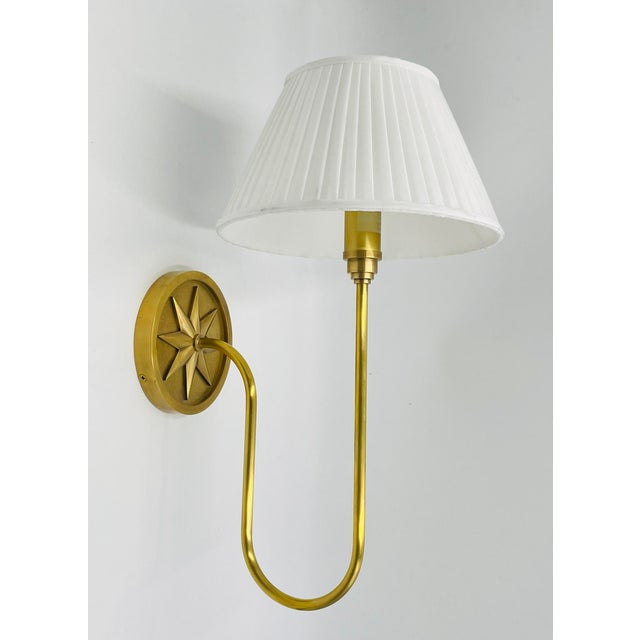 McGee & Co Polaris Brass Wall Sconce With Linen Shade, Modern Lighting For Sale In Los Angeles - Image 6 of 16