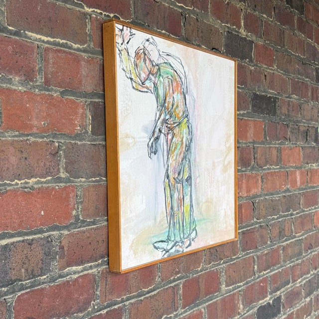Unsigned painting featuring an abstract motion of a man walking with his hand raised, perhaps riding public...