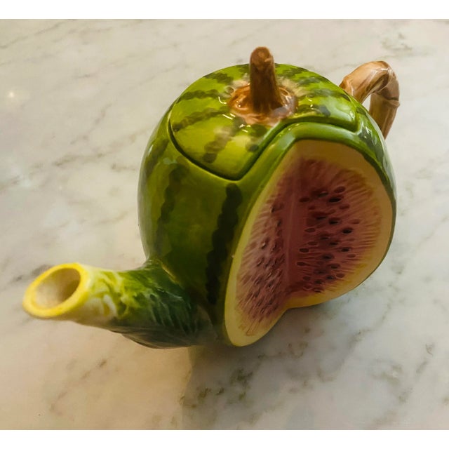 Late 20th Century Vintage Trompe De L’ Oeil Ceramic Watermelon Shaped Tea Pot For Sale - Image 5 of 13