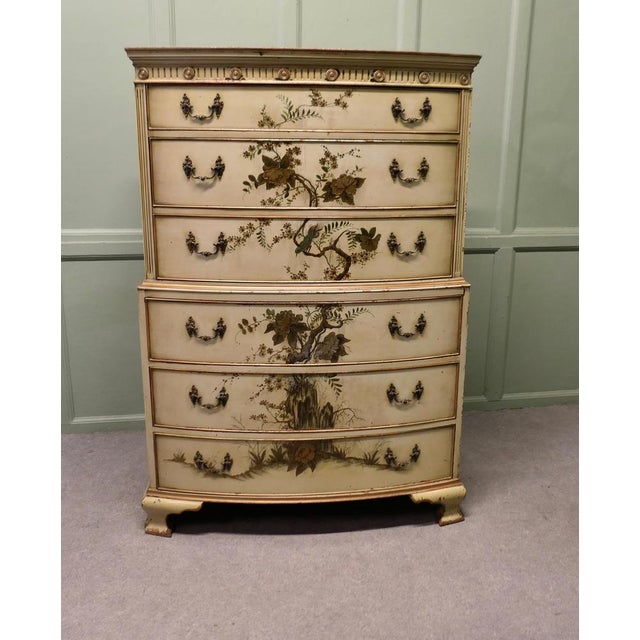 A Charming Shabby Chinoiserie Chest On Chest, Signed The chest is a pretty bow fronted shape it has 6 long graduated...