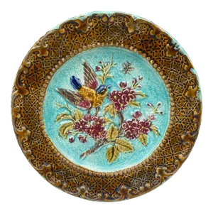 French Majolica Bird & Flower Plate, Circa 1890
