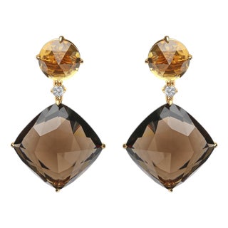 18K Yellow Gold 1/5 Cttw Diamond with Round Yellow Citrine and 25mm Cushion Cut Smoky Quartz Gemstone Dangle Earring (G-H Color, SI1-SI2 Clarity) For Sale
