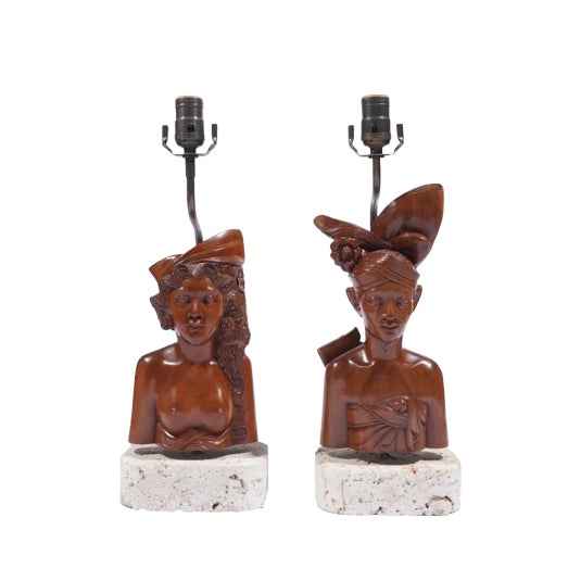Pair of Balinese Carved Klungkung Wood Bust Lamps, 1920-40 For Sale