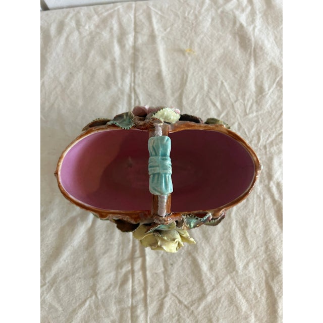 Ceramic Antique French Barbotine Majolica Basket Vase Applied Rose Vase For Sale - Image 7 of 12